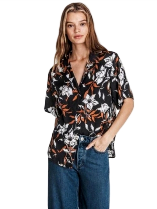 rag & bone Tops - 🆕🤎 RAG & BONE "MARE" BLACK SHORT SLEEVE SILK BLOUSE BROWN WHITE FLORAL DESIGNS